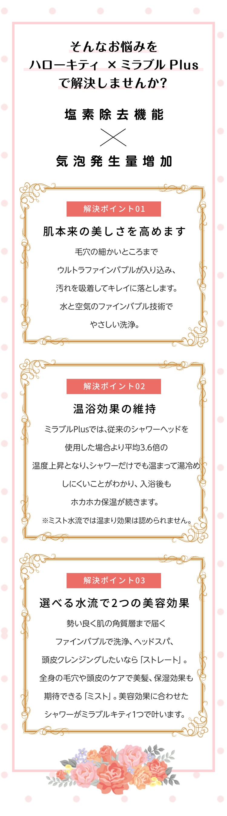 そんなお悩みをミラブルplus ×ハローキティで
解決しませんか？塩素除去機能と気泡発生量増加